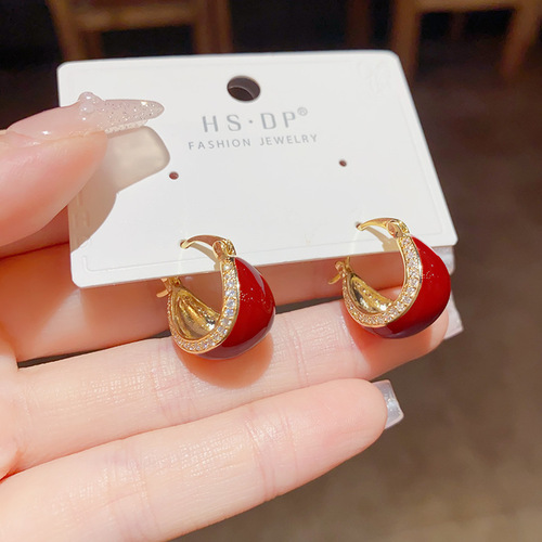 Japanese and Korean retro elegant fashion micro-embedded oil drop earrings high-end sweet and fresh temperament high-end versatile earrings
