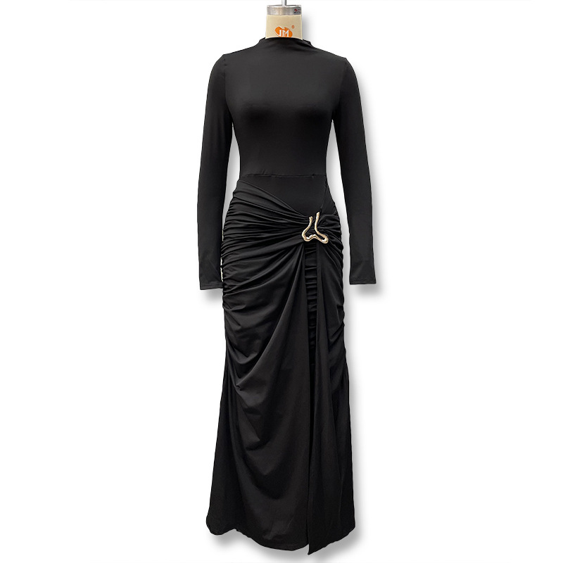 Women's Solid Color round Neck Dress Long Sleeve Fashionable Temperament European American Style Autumn New Clothing with Decorative Ring Buckle_ecoleips.com