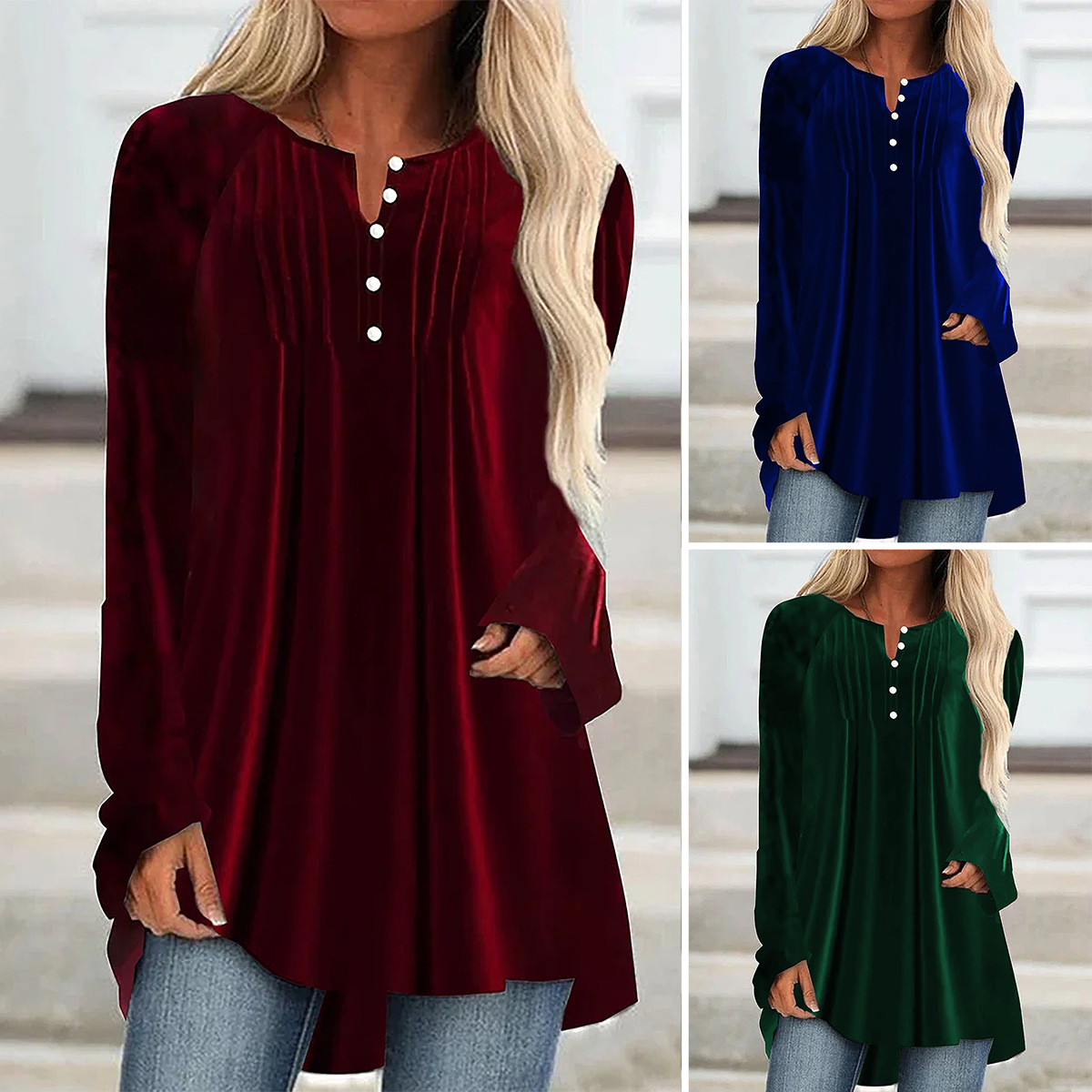 2024 European and American women's autumn new V-neck button chest pleat asymmetric hem velvet long sleeve shirt