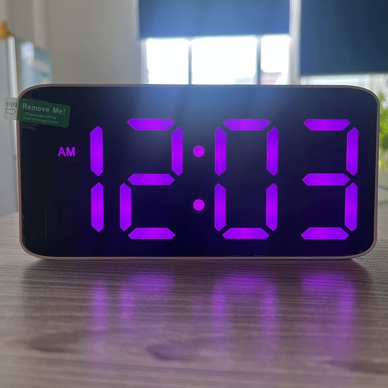 RGB LED Mirror Digital Clock, 7-inch, Large Colorful Display, Alarm with Snooze & Dual USB
