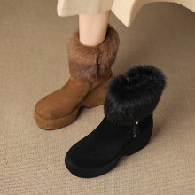 兔毛棉鞋秋冬新款女短靴2025时尚圆头加绒保暖防水台坡高跟