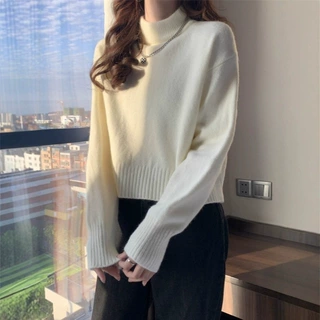 半高领纯色套头毛衣女2025秋冬新款软糯宽松简约内搭针织打底衫潮
