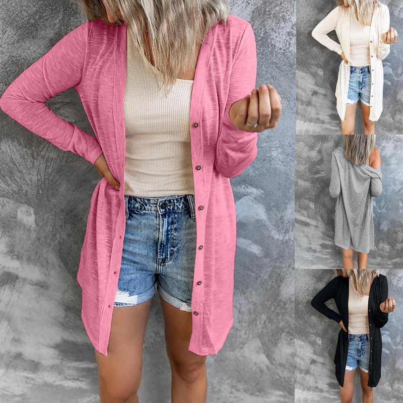 2025 Autumn/Winter European and American Cross-Border New Amazon Wish Women's Long Button-Down Solid Color Casual Long-Sleeve Cardigan for Women