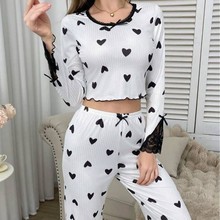 欧美跨境热销家居服卷边爱心圆领长袖睡衣女可外穿长裤两件套套装|undefined