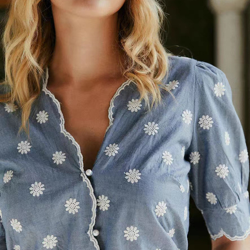 SE Spring Summer Fashion Commuter Scallop Edge V-Neck Lace Daisy Flower Embroidered Girl Shirt