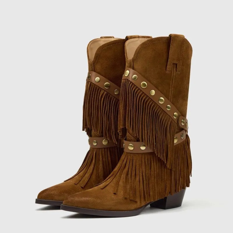Maillard Retro Tassel Western Cowboy Boots Women's Pointed Toe Thick Heel Fashion Boots Removable Two-Wear Rivet Mid-Calf Boots Maillard Retro Tassel Western Cowboy Boots Women's Pointed Toe Thick Heel Fashion Boots Removable Two-Wear Rivet Mid-Calf Boots