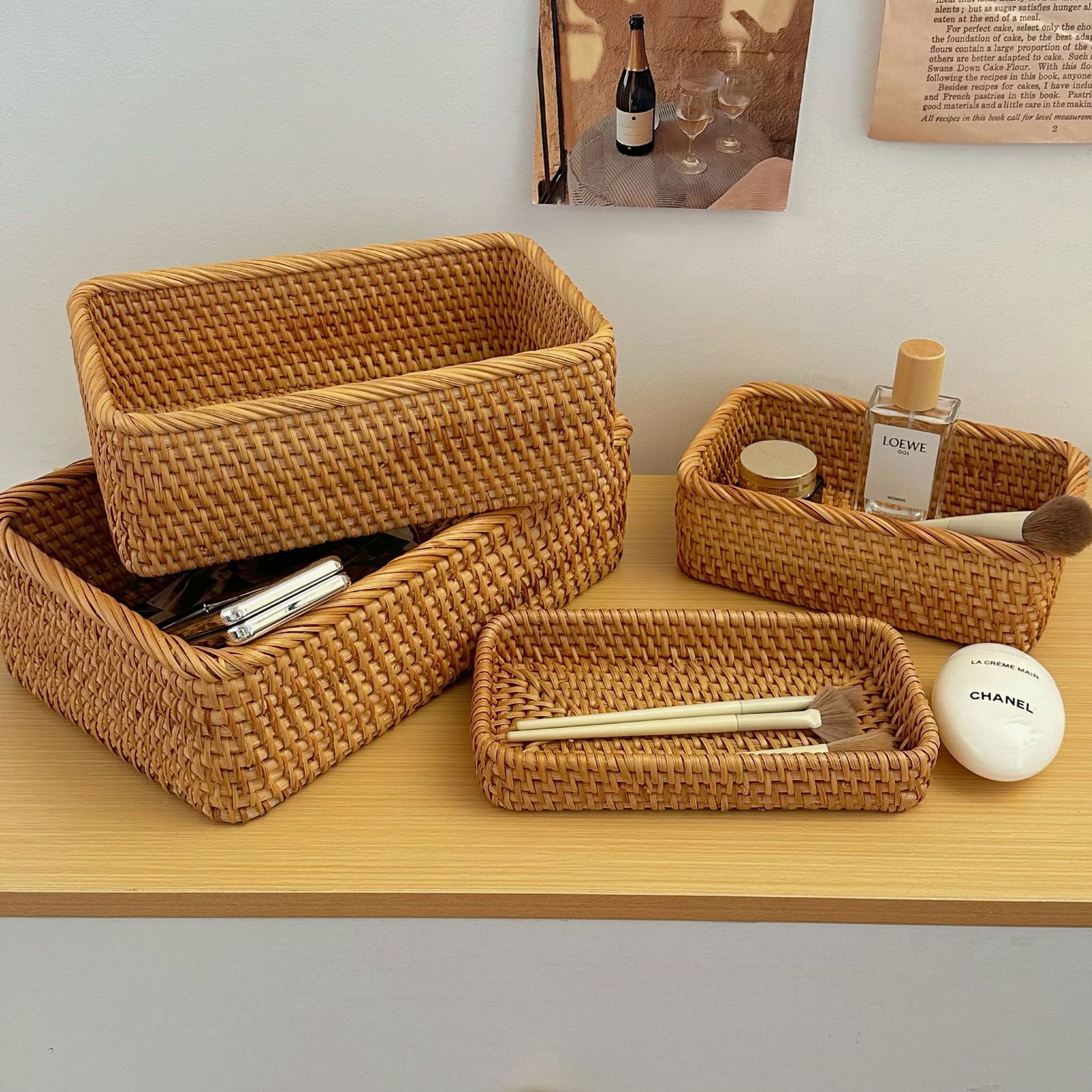 Ins cesta de almacenamiento de ratán retro mesa de escritorio mesa de centro cesta de almacenamiento de artículos diversos cesta de almacenamiento de acabado cosmético cesta de bambú