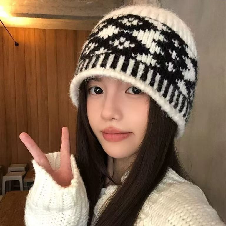 复古拼色菱形格子针织毛线帽女秋冬大头防寒针织包头冷帽保暖帽子|undefined