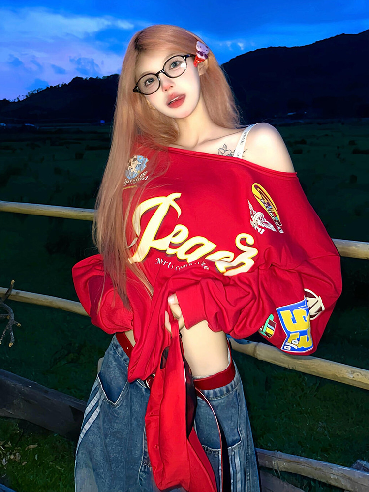 Women's Clothing Women's Red Hot Girl Off-Shoulder Sweatshirt Style Early Autumn Letter Color Block Print One-Shoulder Long Sleeve Loose Top_ecoleips.com
