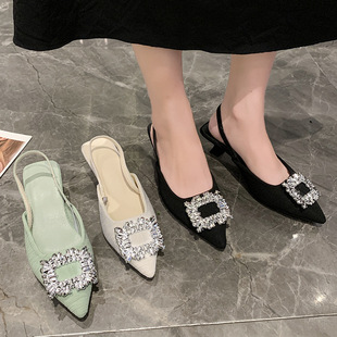 High heel sandals 2022 new Korean style rhinestone elegant Muller shoes sexy pointed flat slip-on fashion heel shoes fashion