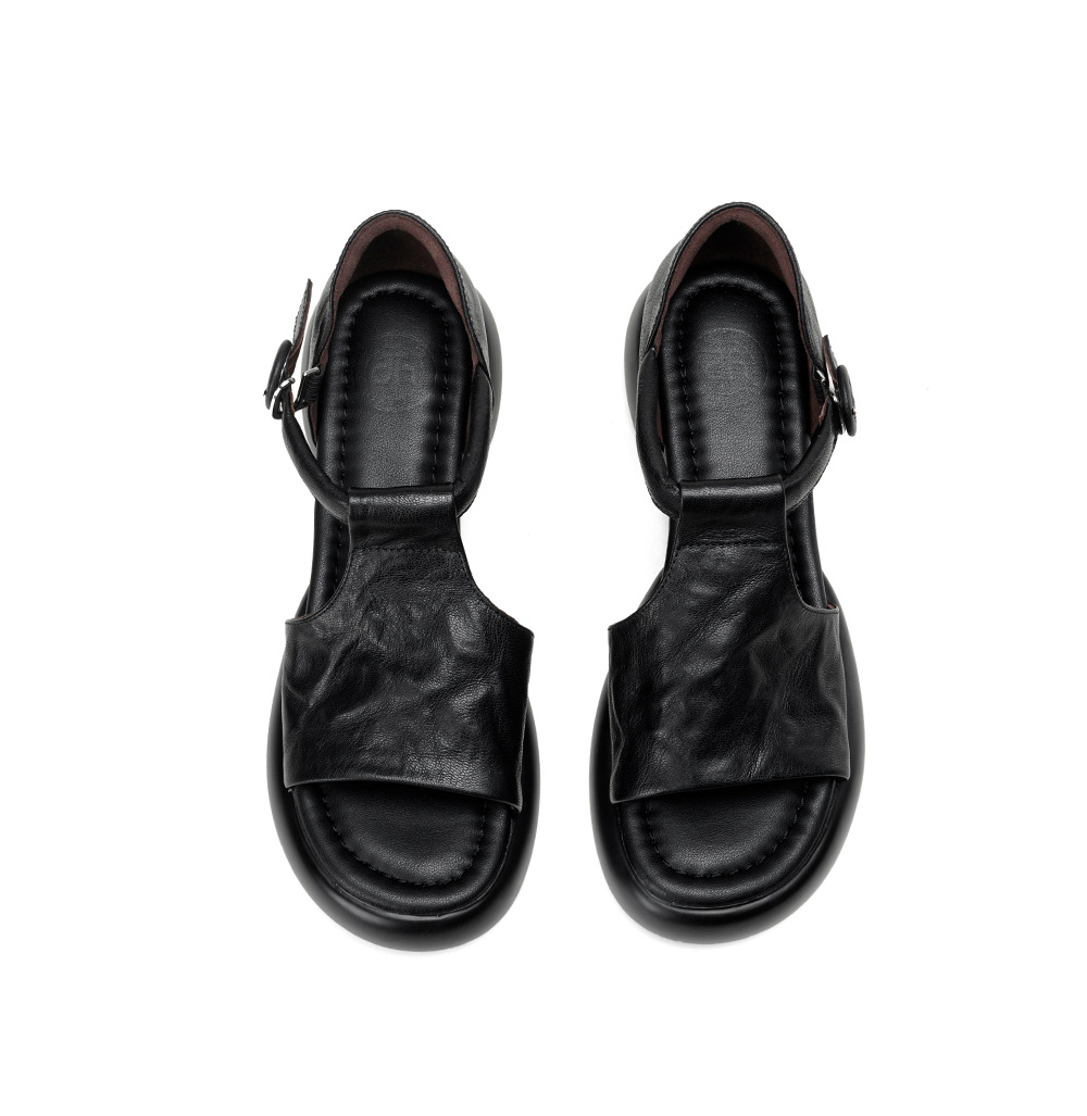 Sandal nữ da cừu mềm đế dày hở mũi, quai chữ T, gót thấp 3 cm, dán ma thuật — Vàng nâu chi tiết 18