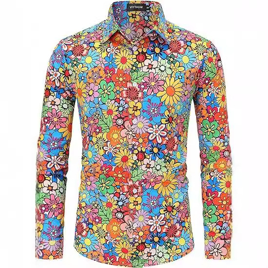 Amazon Halloween Hippie Men 70 s Disco Hip Hop Button Floral Retro Long Sleeve Shirt