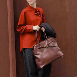 新中式轻国风安可拉红色花卷斜边长袖T恤巨好看设计感上衣2025秋