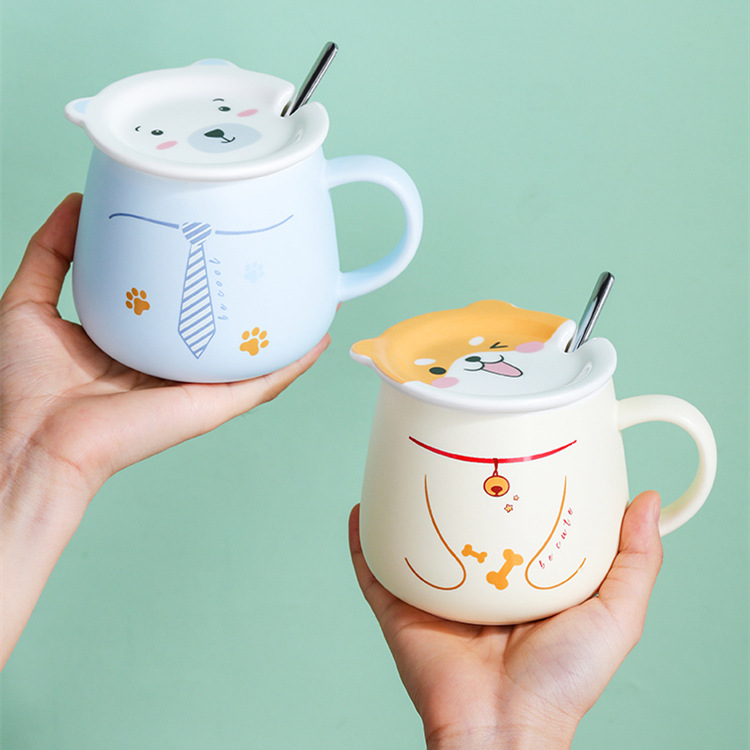 Taza de cerámica de dibujos animados lindo creativo animal cara cubierta taza Shiba Inu taza flor gato taza de agua grande Oso Blanco taza de desayuno