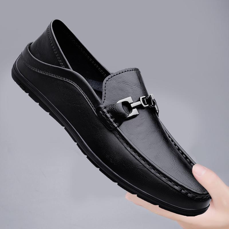 Zapatos de lujo ligero Bean para hombres de cuero genuino 2025 nuevos zapatos de estilo perezoso marca de moda impresión informal británica zapatos Lefour