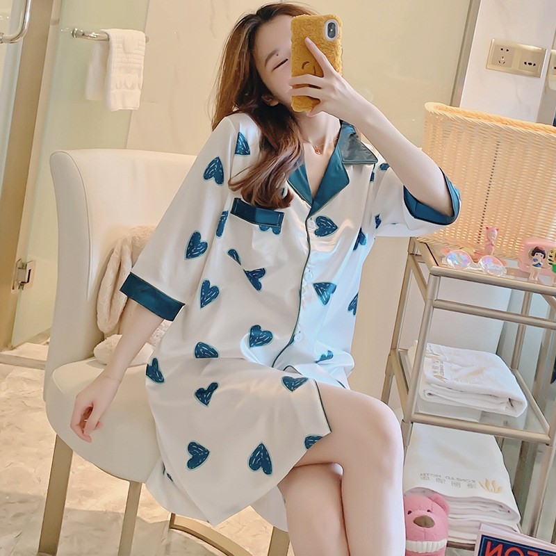 2024 nuevo pijama de seda de hielo mujeres de verano cardigan de manga corta pijama largo medio delgado sexy ropa de hogar suelta