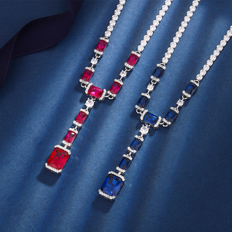 Zhuang Sheng jewelry copper plated real gold simulation red corundum blue pointed crystal all-match chain advanced banquet necklace women's 8*10