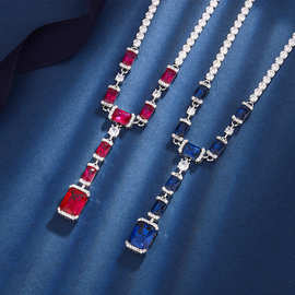 庄生生珠宝铜镀真金仿真红刚玉蓝尖晶百搭链高级宴会项链女式8*10