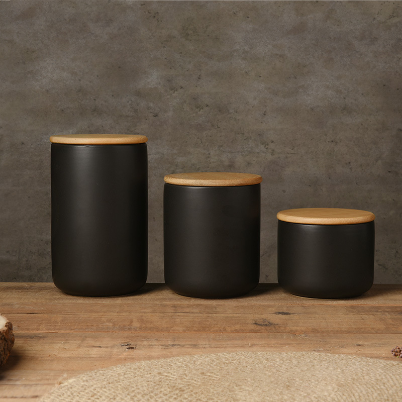 Tarro sellado de cerámica simple escandinavo con tapa de madera para almacenamiento de alimentos en la cocina, juego de té, almacenamiento de dulces, café y té. image 4