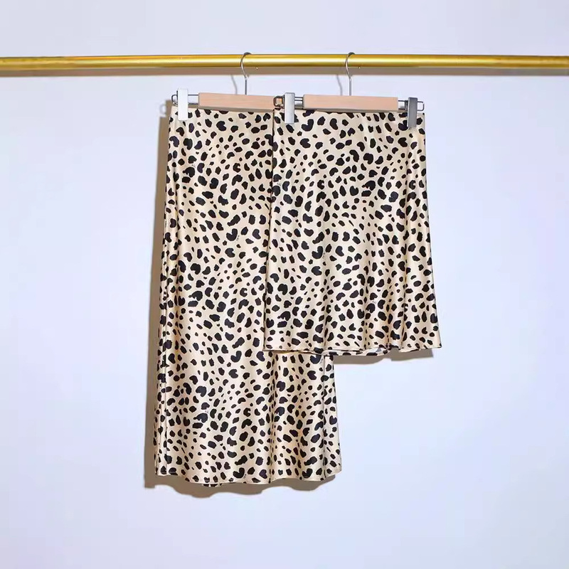 Leopard Print Skirt, Petite Size, 100% Silk Satin, Mid-Length A-Line Base Skirt with Large Hem