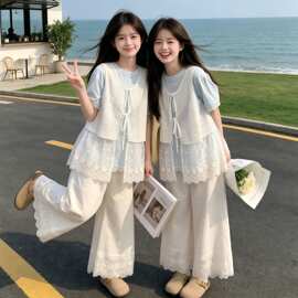 女童套装夏款新款洋气中大童蕾丝马甲休闲短袖薄款裙裤三件套