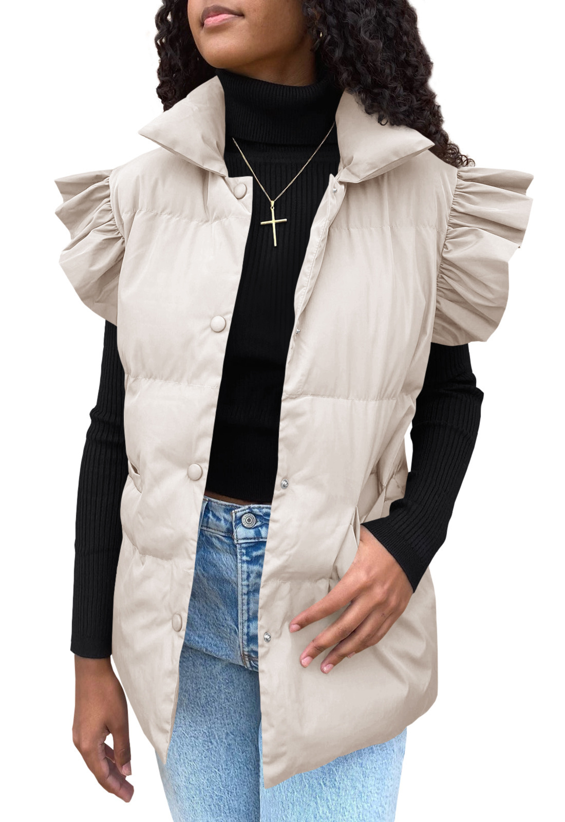 Grenzüberschreitende europäische und amerikanische Herbst- und Winterneuheiten mit lockerer Tasche und Baumwollpolsterung, fliegende Ärmel, elegante Weste, Stehkragen, Mode, Einreiher_voghion.com