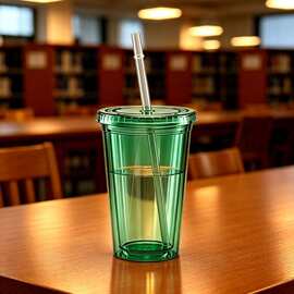 网红打卡同款 450ml 双层加厚塑料透明吸管杯自制特调茶饮随行饮