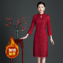 2022冬季新款妈妈装 刺绣加绒优雅婚庆连衣裙喜婆婆礼服一件代发