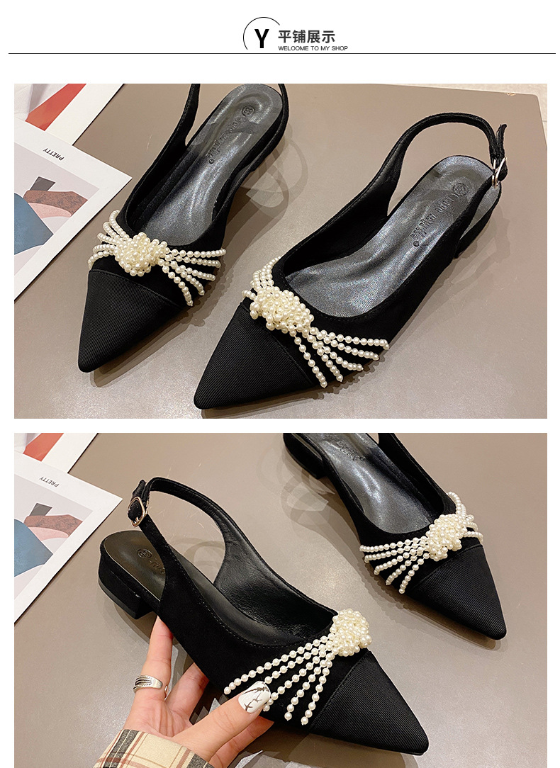 Baotou trasero vacío zapatos para mujeres 2022 nuevo cinturón de trampa negro pequeño viento de perla de talón bajo zapatos de punta clara