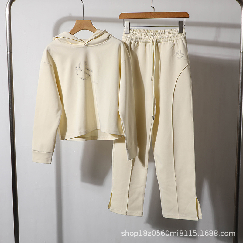 American K'Er~Women's Sports and Leisure Hooded Short Sweatshirt Straight Slit Sweatpants Suit 2095