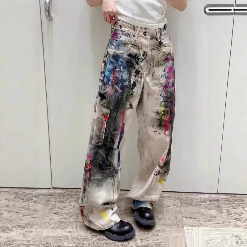 Nanyou High-Quality 25 Summer New A*C Sexy Style 3D Printed Dirty Graffiti High-Waisted Straight Denim Pants Nanyou High-Quality 25 Summer New A*C Sexy Style 3D Printed Dirty Graffiti High-Waisted Straight Denim Pants