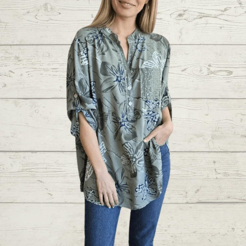 2025 New Autum Hot Products Independent Station Cross-Border European and American Women's V Neck Printed Casual Shirts Loose Tops