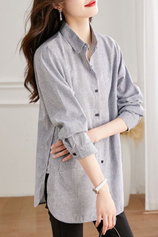 新款条纹衬衫女长袖中长款修身显瘦韩版时尚洋气衬衣女秋外套