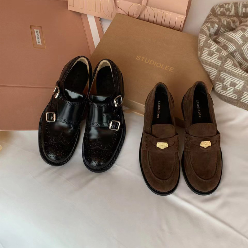 Uva mamá Londres puesta de sol ~ británico retro punta redonda pequeña Moneda de Oro perezoso zapatos de cuero mocasines zapatos de una sola capa para las mujeres