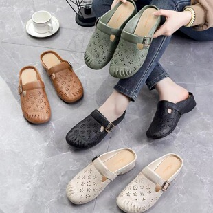 2024 fashion new half slippers women's mother hollow sandals middle-aged and elderly lazy soft bottom non-slip waterproof anti-slip