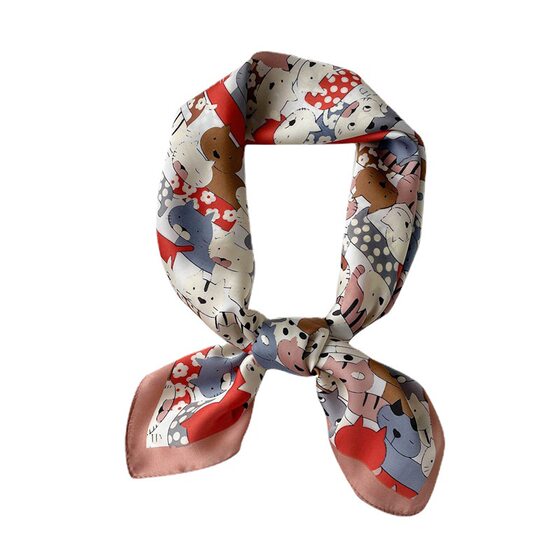 New Scarf Women's Western Style Small Square Cute Cartoon Kitten Puppy Scarf 70cm Autumn Travel Sunscreen Shawl