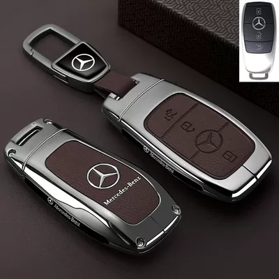 Mercedes-Benz E300L Key Cover 25 Car key bag - leather-texture-mercedes-benz-a-class-leather-texture-tea-brown-car-logo-trapezoid-buckle