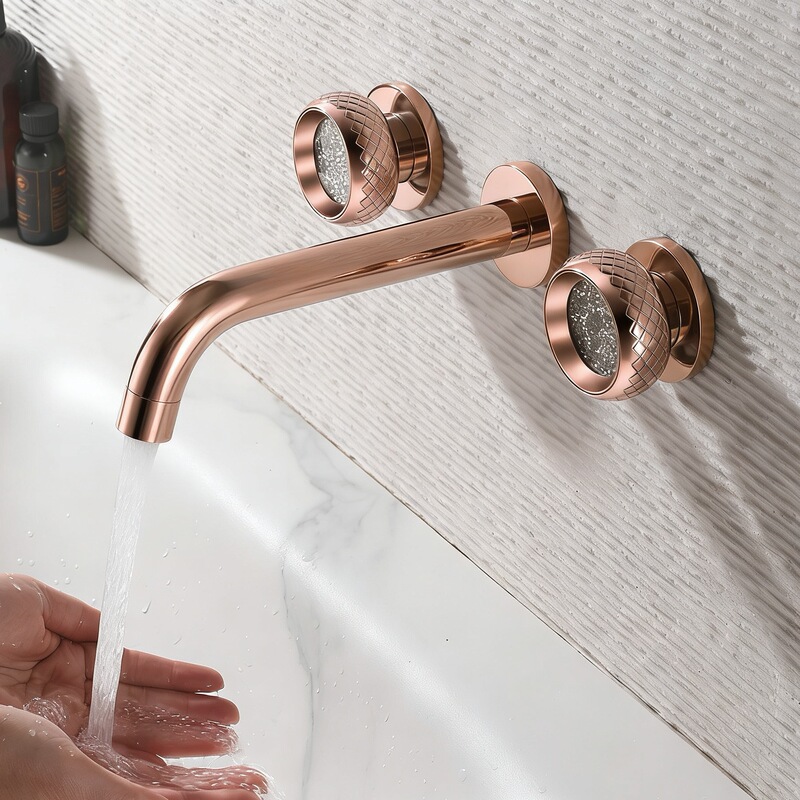 Brass Faucet for Hotel Bathroom, Ceramic Basin, Embedded In-Wall, Three-Hole, Dual-Opening Basin, Hot and Cold Water Faucet