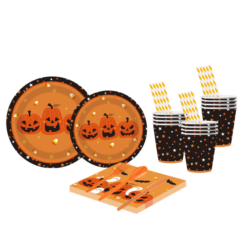 ハロウィンカボチャゴーストパーティー食器使い捨て用品ティッシュペーパートレイプラスチックカトラリーパーティーセット卸売|undefined