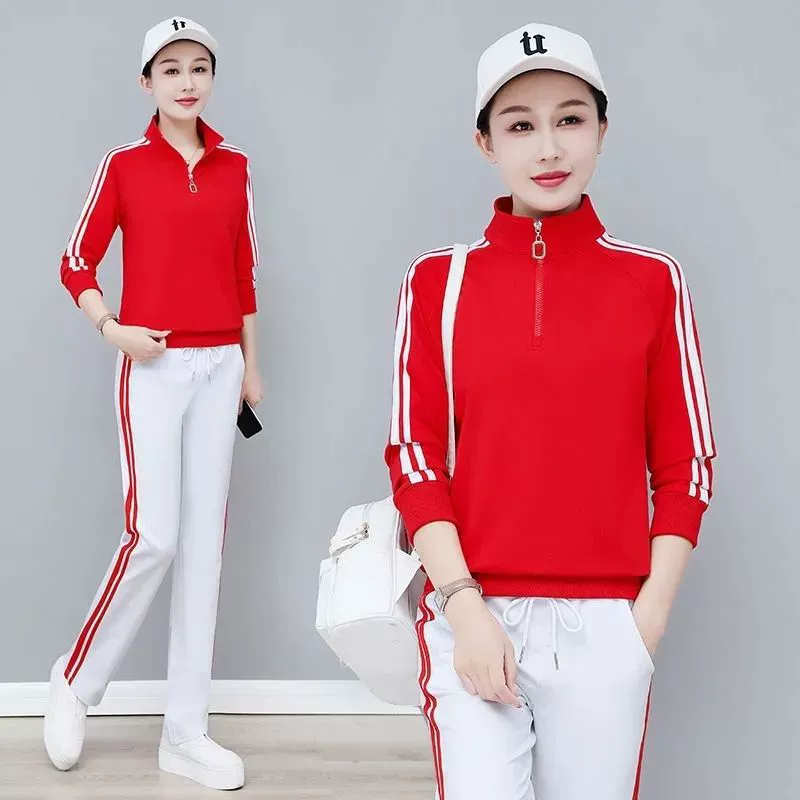 Красный спортивный костюм 2024 весна и осень новый большой размер свободный живот с длинными рукавами и воротником свитера из двух частей женский