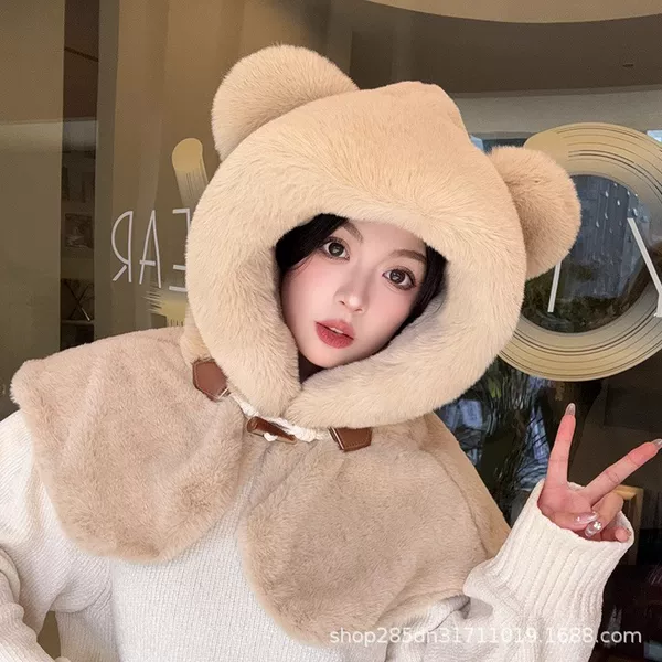 Faux Rabbit Fur Hat for Women, Autumn and Winter Korean Style Versatile Hooded Shawl, Thickened Warm Ear-Protecting Plush Neck Warmer and Shoulder Cape for Winter