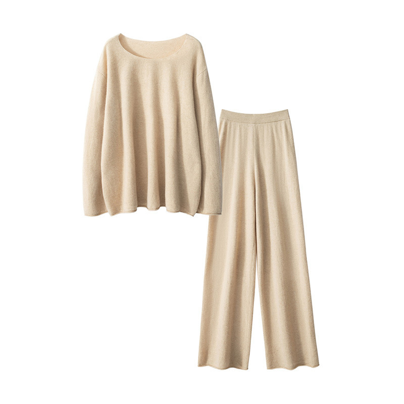 Off-Shoulder Loose 100% Pure Cashmere Sweater Women's Round Neck Set Versatile Slimming Plus-Size Knit Base Sweater for Autumn and Winter