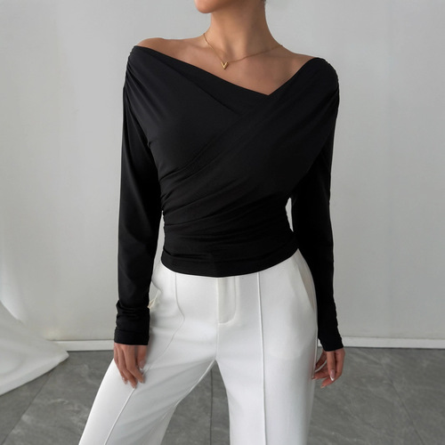 European and American cross-border 2025 autumn and winter new solid color fashion off-shoulder collar off-shoulder slim long sleeves versatile commuter top