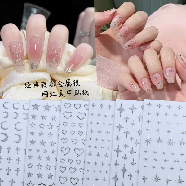 Starburst Nail Stickers Liquid 3D Popular Metallic Silver Star Adhesive Decals Moon Punk Nail Stickers Ins Style