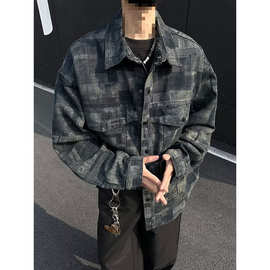 T9O复古格纹牛仔外套男春秋季2025新款潮牌休闲衬衫翻领夹克男上