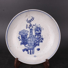 大清同治青花手绘博古花卉纹盘子中式摆件文玩古董仿古瓷旧货收藏