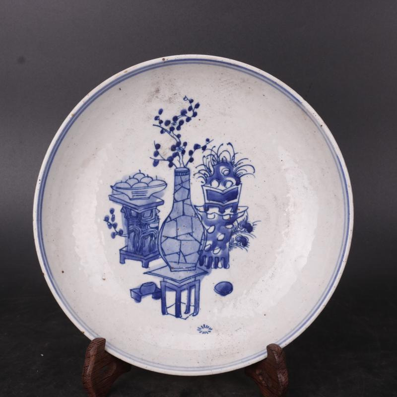 大清同治青花手绘博古花卉纹盘子中式摆件文玩古董仿古瓷旧货收藏