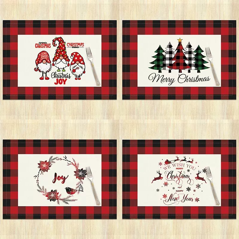 跨境源头厂家圣诞餐垫亚麻隔热餐桌垫黑红格子系列桌面装饰物