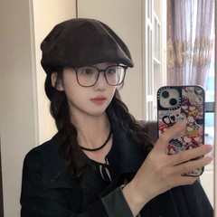 2025新款麂皮绒前进帽女英伦风复古大头围贝雷帽小众百搭画家帽子