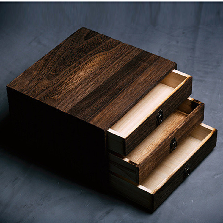 复古风普洱实木茶盒中式茶饼收纳木盒多层抽屉式茶叶木质包装盒